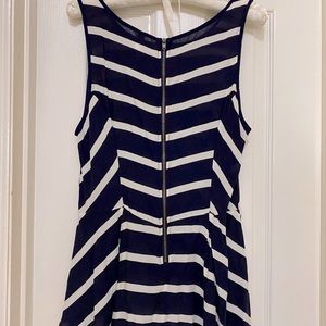Classic Navy & White Striped Blouse; Chic Backside Zipper;longer in Back;Size M